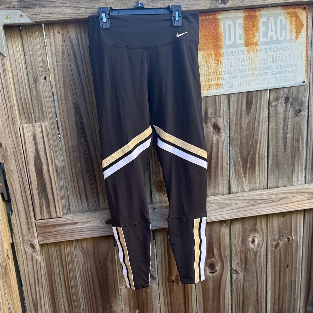 Nike Black Leggings with Gold and White Stripes